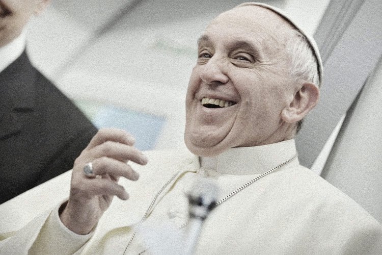false prophet pope francis laughing during airplane press conference